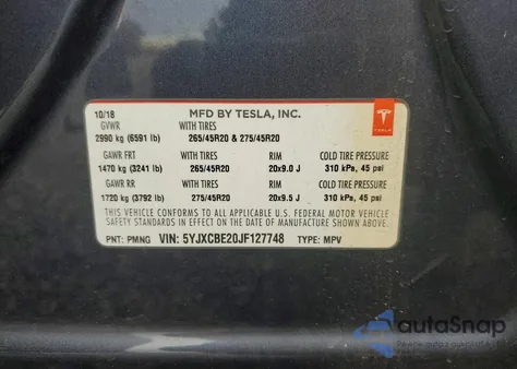 2018 Tesla Model X z USA, uszkodzony, nr VIN 5YJXCBE20JF127748